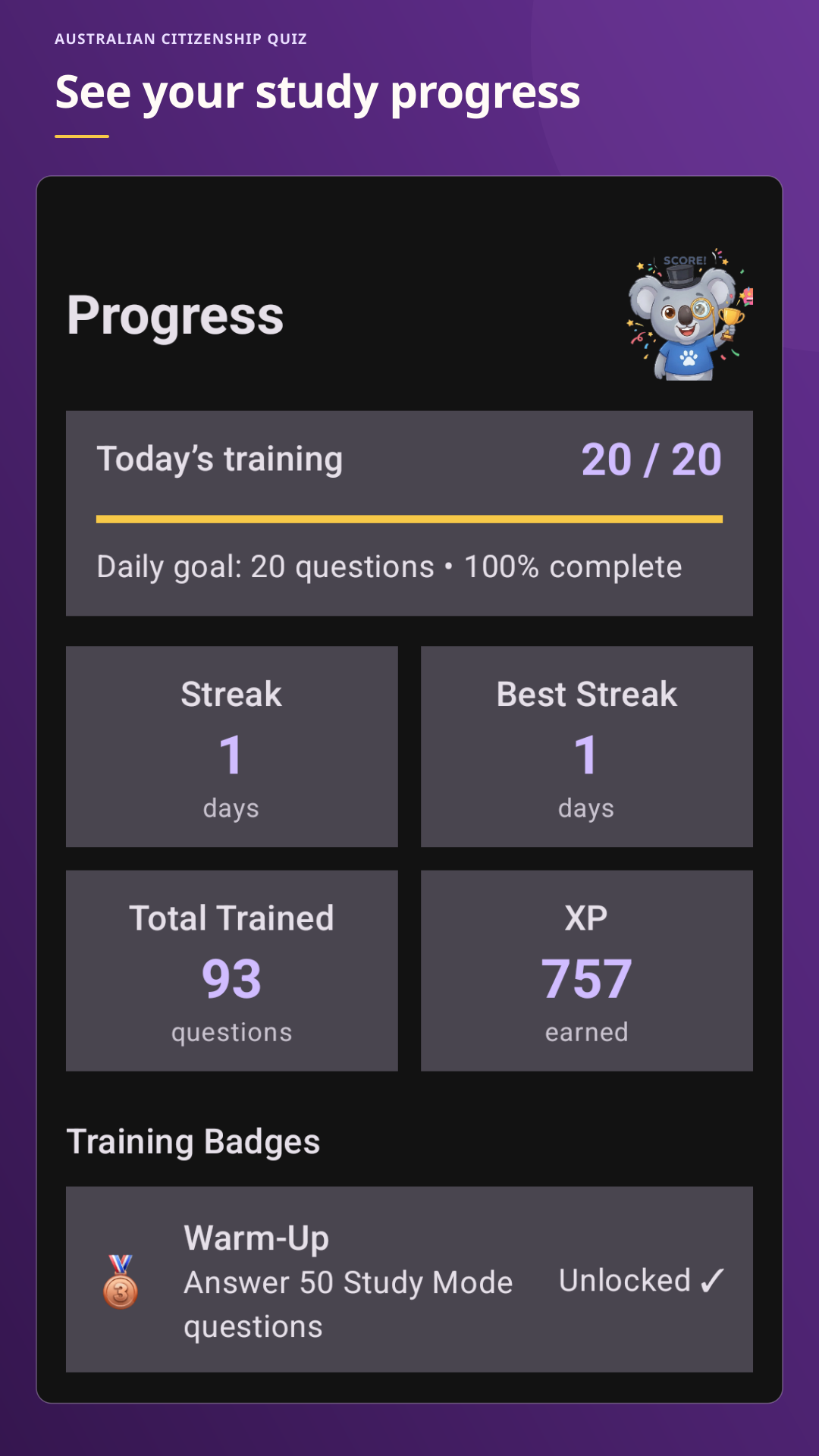 Progress screen showing an example daily goal, XP, questions studied and study milestones