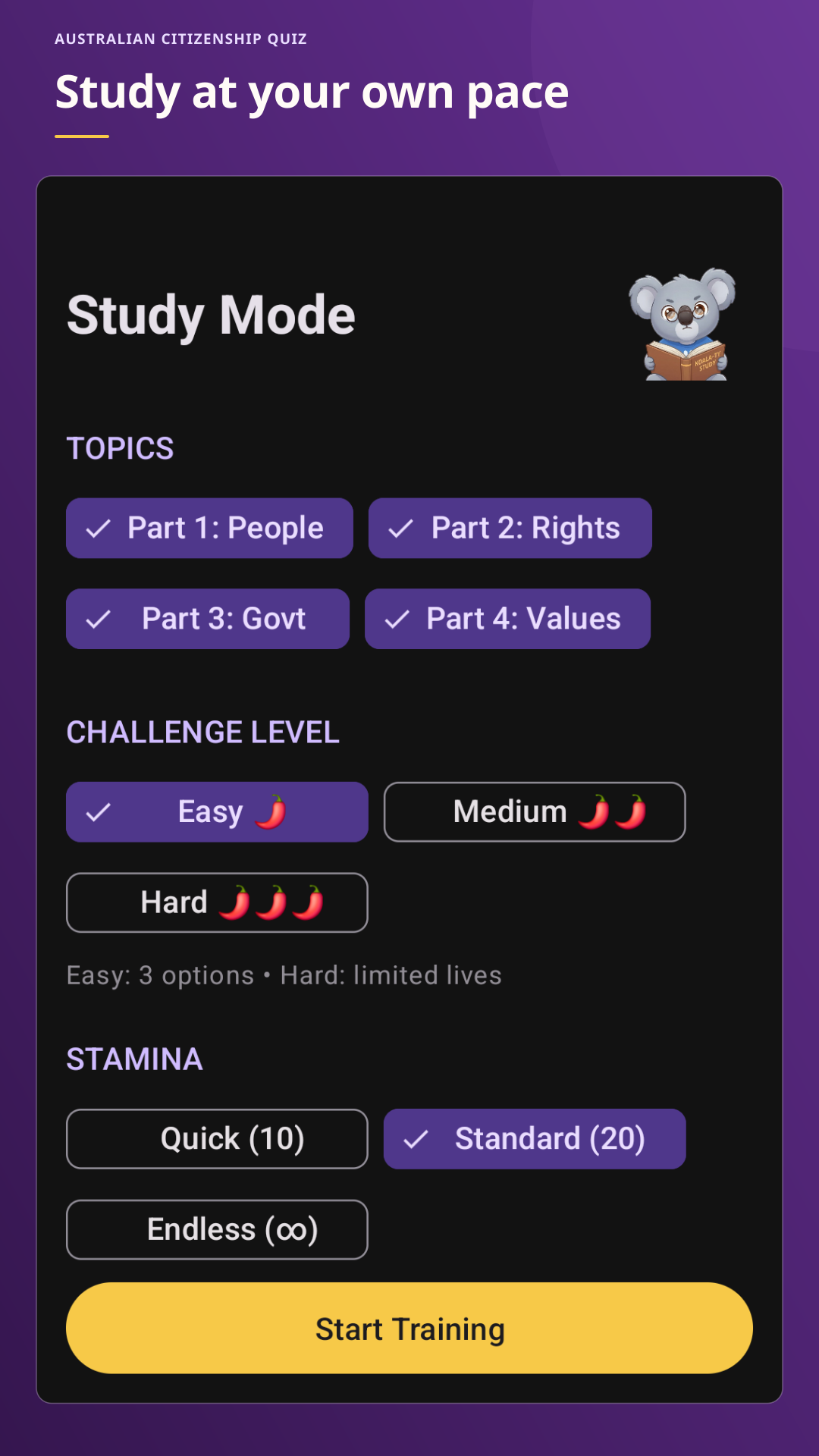 Study Mode screen with four topic parts, three difficulty levels and session-length choices